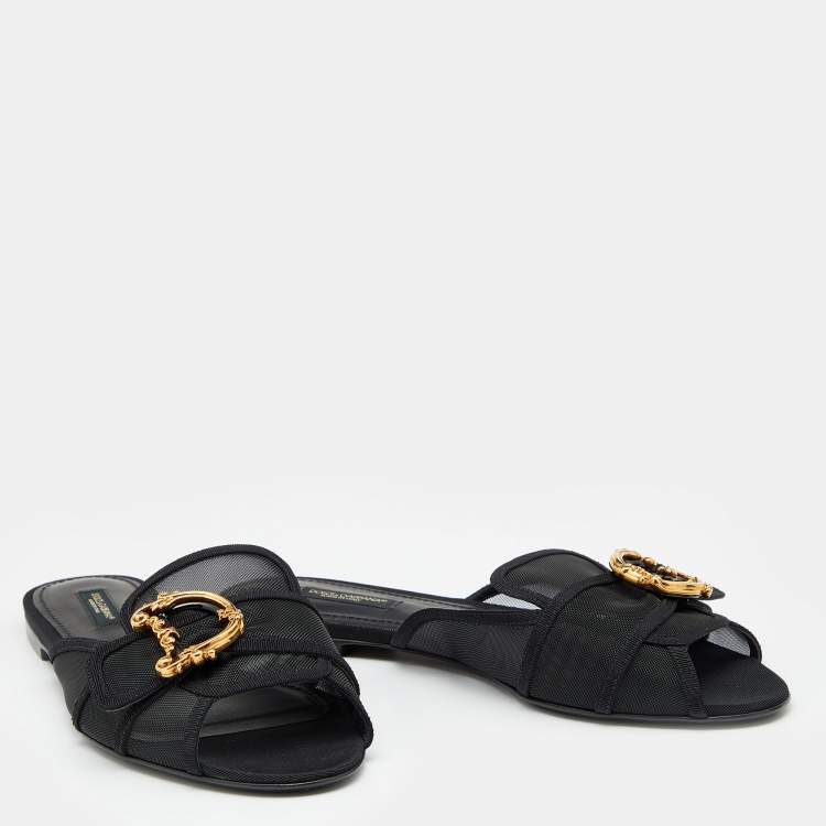 Pre Owned Dolce & Gabbana Black Mesh Baroque Logo Flat Slide Sandals Size 38