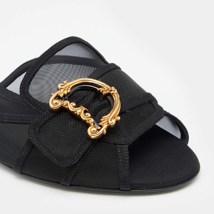 Pre Owned Dolce & Gabbana Black Mesh Baroque Logo Flat Slide Sandals Size 38