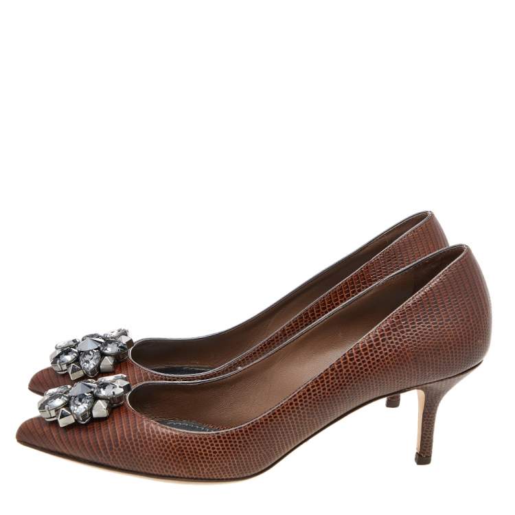 Pre Owned Dolce & Gabbana Brown Lizard Embossed Leather Bellucci Crystal Embellished Pumps Size 39