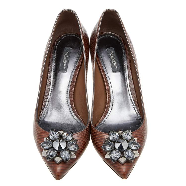 Pre Owned Dolce & Gabbana Brown Lizard Embossed Leather Bellucci Crystal Embellished Pumps Size 39