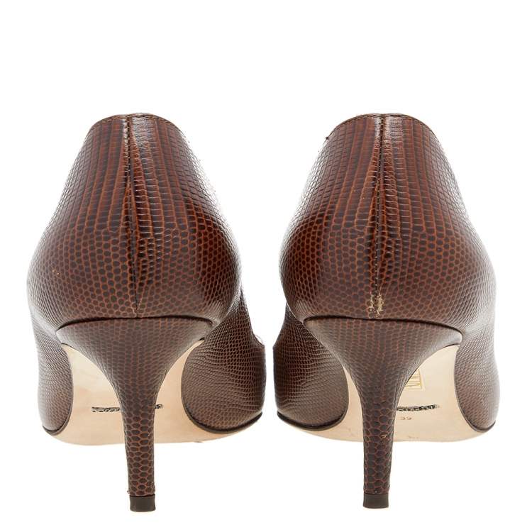 Pre Owned Dolce & Gabbana Brown Lizard Embossed Leather Bellucci Crystal Embellished Pumps Size 39