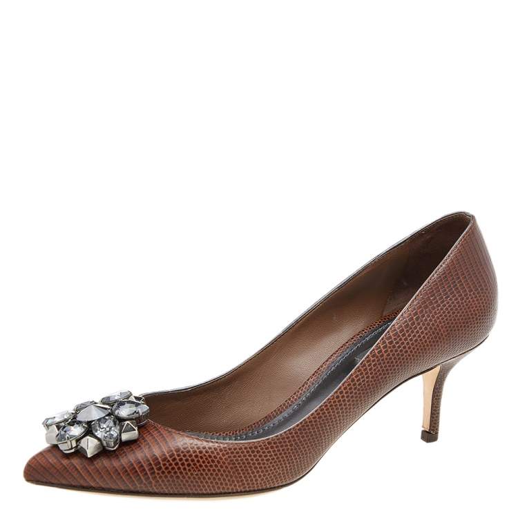 Pre Owned Dolce & Gabbana Brown Lizard Embossed Leather Bellucci Crystal Embellished Pumps Size 39