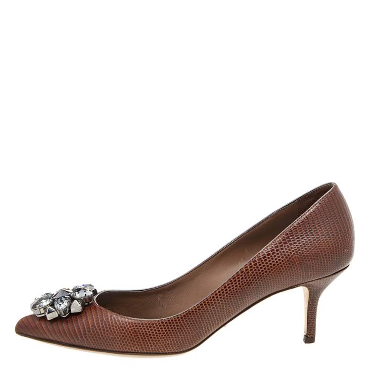 Pre Owned Dolce & Gabbana Brown Lizard Embossed Leather Bellucci Crystal Embellished Pumps Size 39