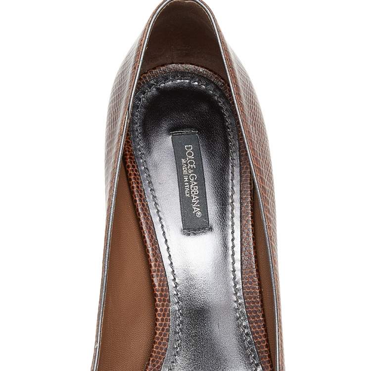 Pre Owned Dolce & Gabbana Brown Lizard Embossed Leather Bellucci Crystal Embellished Pumps Size 39