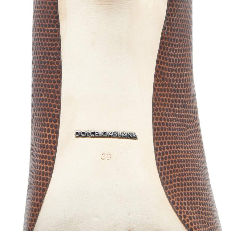 Pre Owned Dolce & Gabbana Brown Lizard Embossed Leather Bellucci Crystal Embellished Pumps Size 39