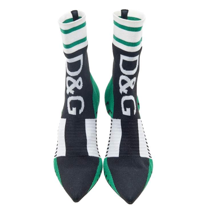 Pre Owned Dolce & Gabbana Multicolor Knit Fabric Logo Sock Ankle Boots Size 38.5