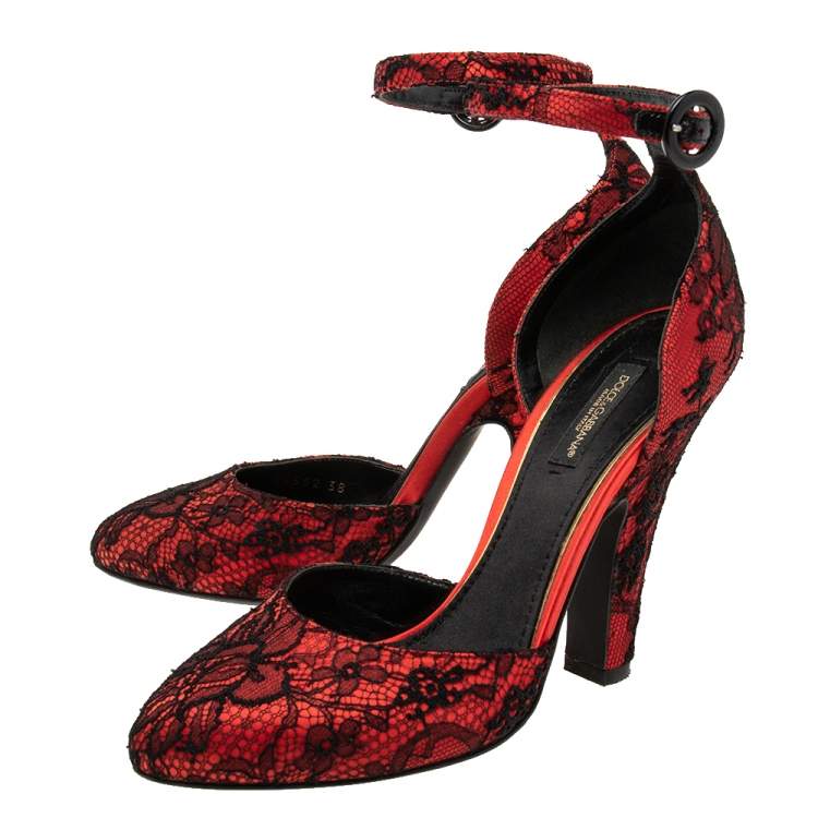 Pre Owned Dolce & Gabbana Black/Red Lace and Satin Ankle-Strap Pumps Size 38