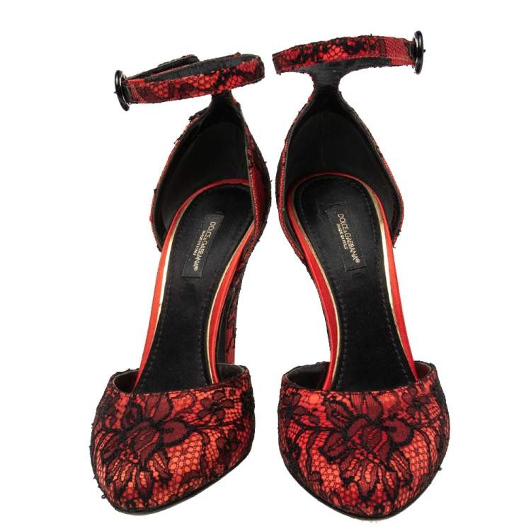Pre Owned Dolce & Gabbana Black/Red Lace and Satin Ankle-Strap Pumps Size 38