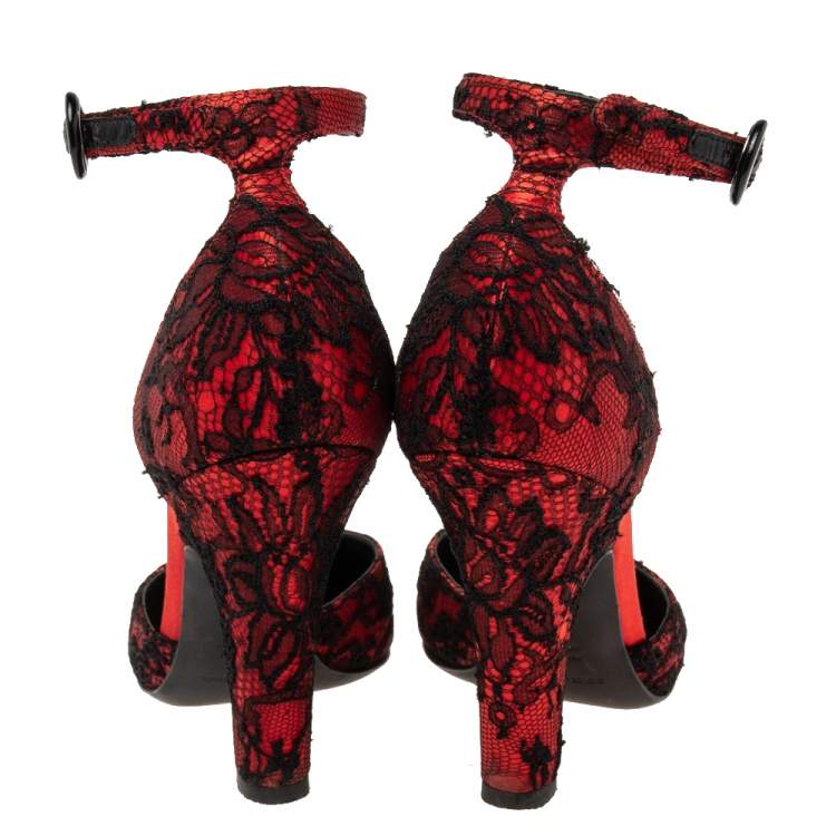 Pre Owned Dolce & Gabbana Black/Red Lace and Satin Ankle-Strap Pumps Size 38
