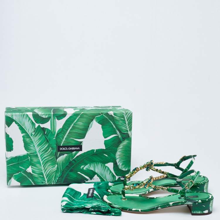 Pre Owned Dolce & Gabbana Green Printed Patent Leather Crystal Embellished Ankle Strap Sandals Size 37.5