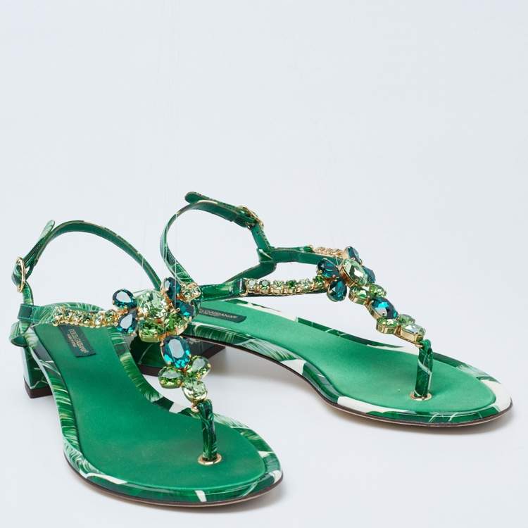 Pre Owned Dolce & Gabbana Green Printed Patent Leather Crystal Embellished Ankle Strap Sandals Size 37.5