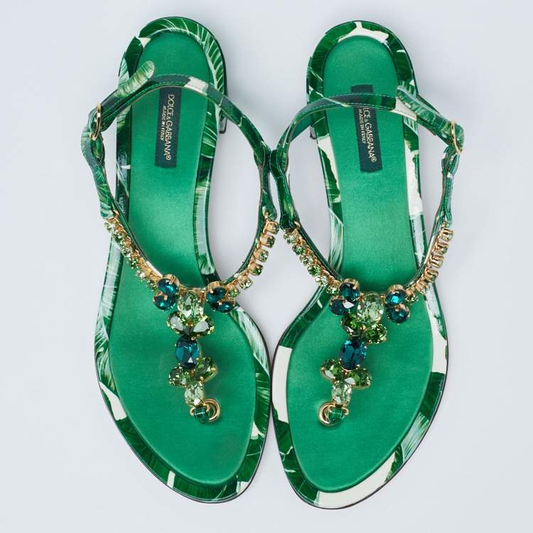 Pre Owned Dolce & Gabbana Green Printed Patent Leather Crystal Embellished Ankle Strap Sandals Size 37.5