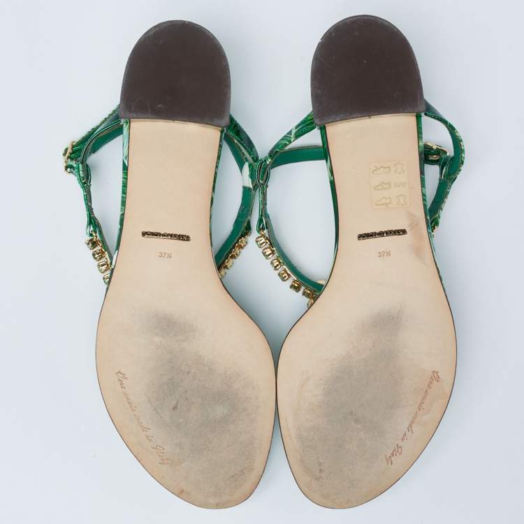 Pre Owned Dolce & Gabbana Green Printed Patent Leather Crystal Embellished Ankle Strap Sandals Size 37.5
