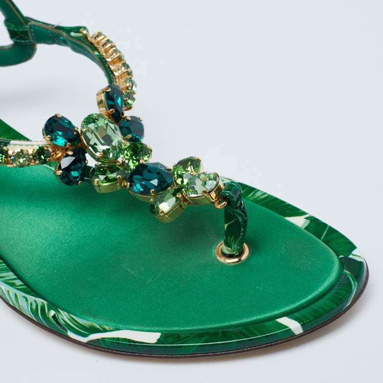 Pre Owned Dolce & Gabbana Green Printed Patent Leather Crystal Embellished Ankle Strap Sandals Size 37.5