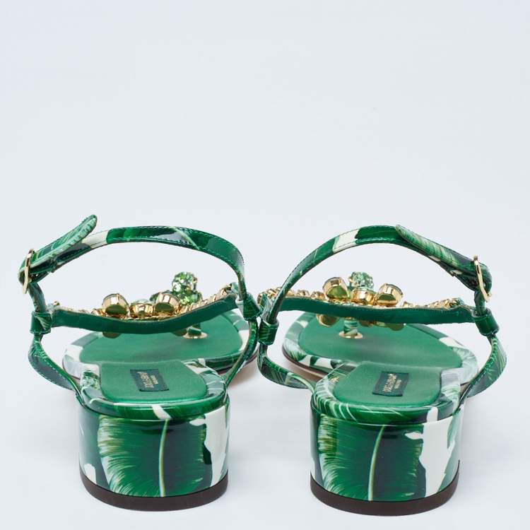 Pre Owned Dolce & Gabbana Green Printed Patent Leather Crystal Embellished Ankle Strap Sandals Size 37.5