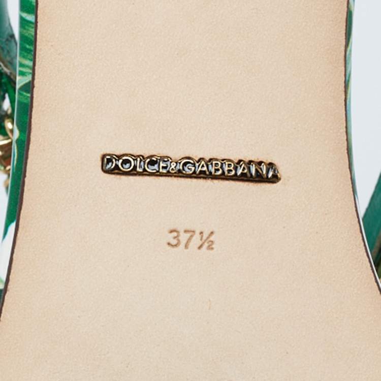 Pre Owned Dolce & Gabbana Green Printed Patent Leather Crystal Embellished Ankle Strap Sandals Size 37.5