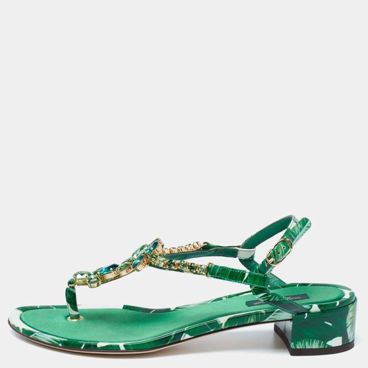 Pre Owned Dolce & Gabbana Green Printed Patent Leather Crystal Embellished Ankle Strap Sandals Size 37.5