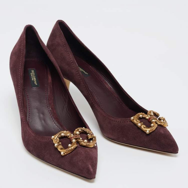 Pre Owned Dolce & Gabbana Burgundy Suede DG Amore Pumps Size 40