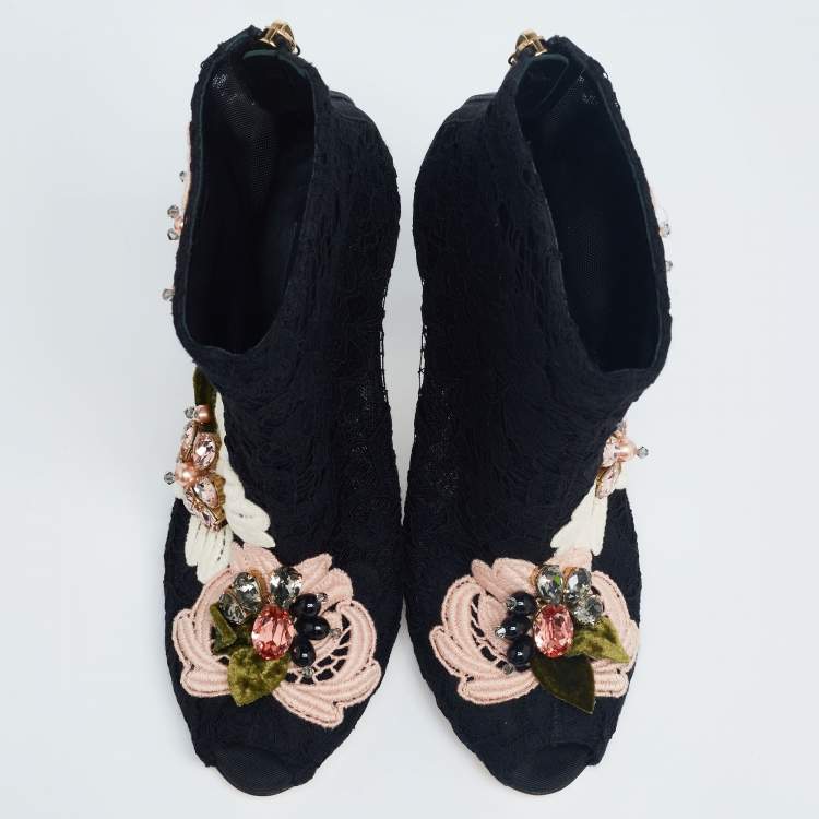 Pre Owned Dolce & Gabbana Black Lace Peep Toe Ankle Boots Size 36