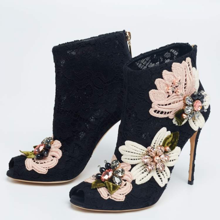 Pre Owned Dolce & Gabbana Black Lace Peep Toe Ankle Boots Size 36