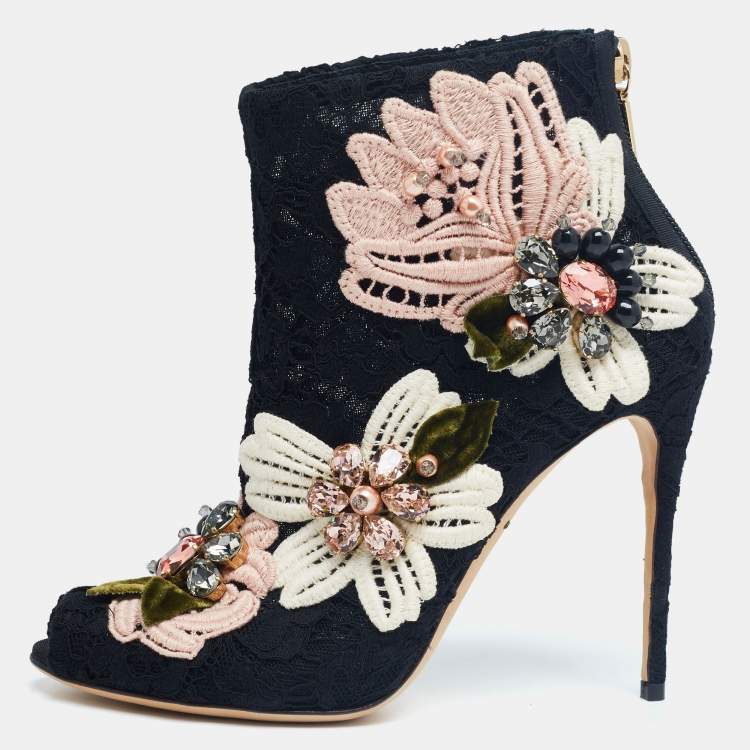 Pre Owned Dolce & Gabbana Black Lace Peep Toe Ankle Boots Size 36