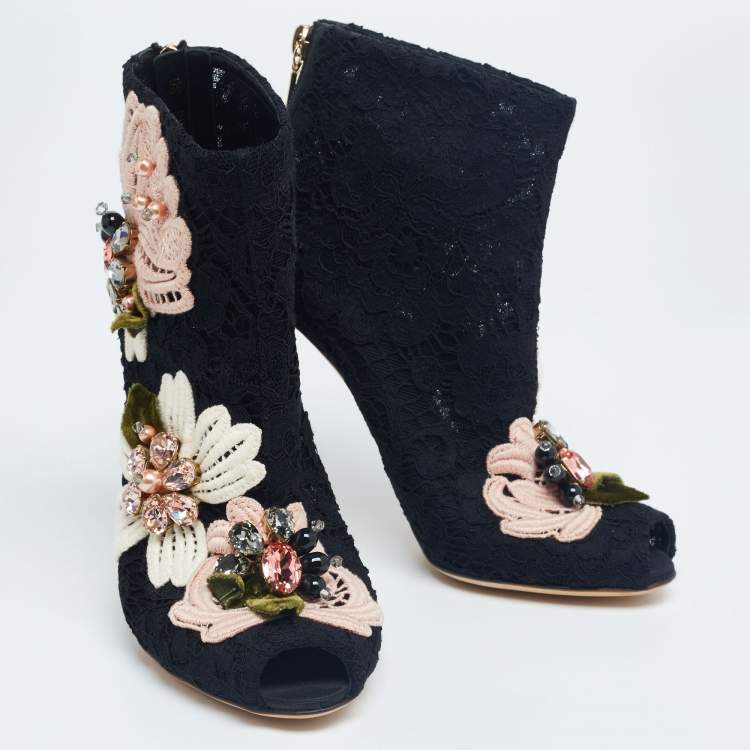 Pre Owned Dolce & Gabbana Black Lace Peep Toe Ankle Boots Size 36