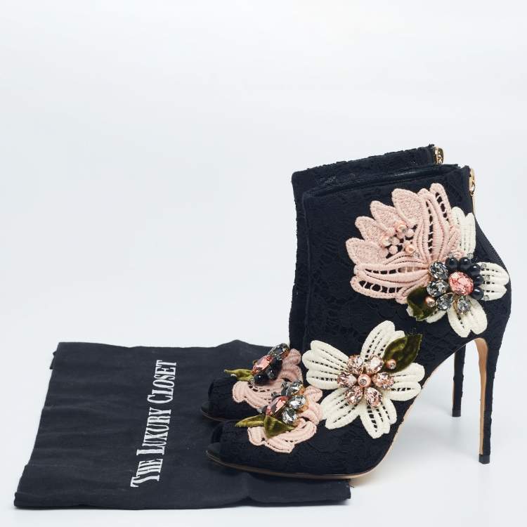 Pre Owned Dolce & Gabbana Black Lace Peep Toe Ankle Boots Size 36