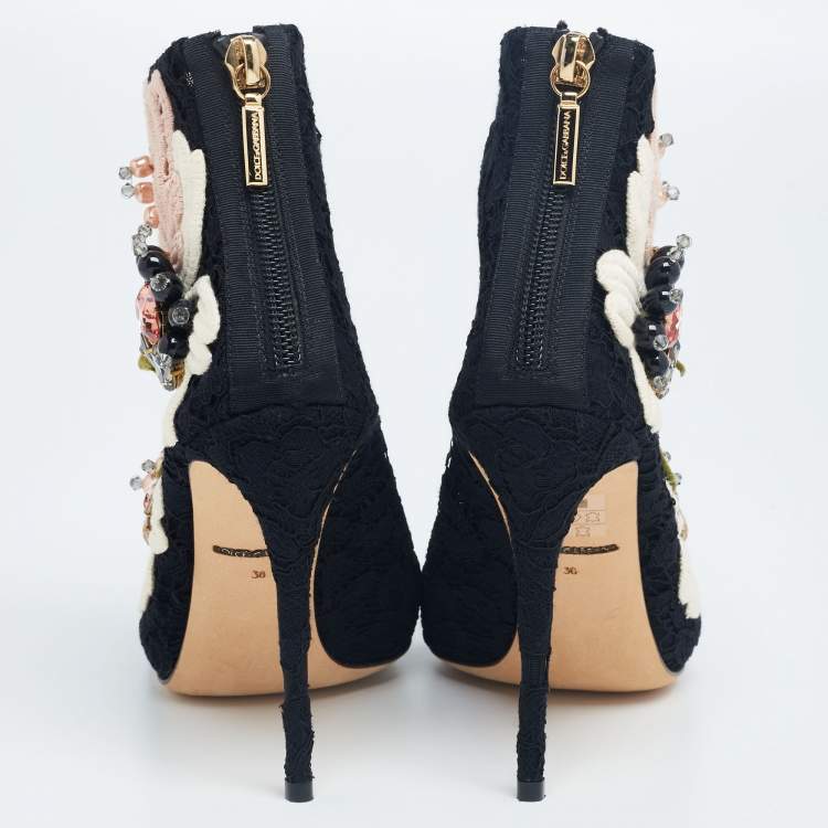 Pre Owned Dolce & Gabbana Black Lace Peep Toe Ankle Boots Size 36
