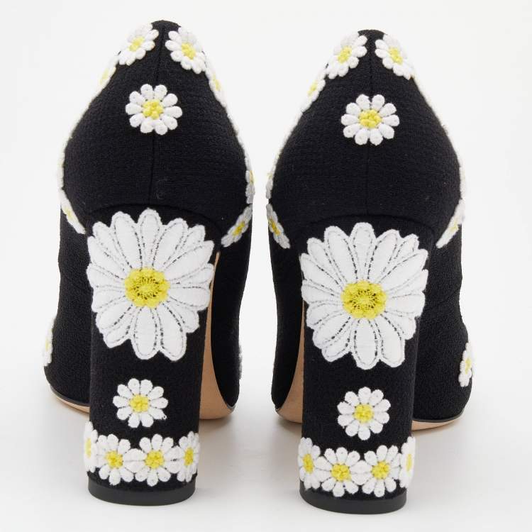 Pre Owned Dolce & Gabbana Black Floral Embroidered Fabric Block Heel Pumps Size 38
