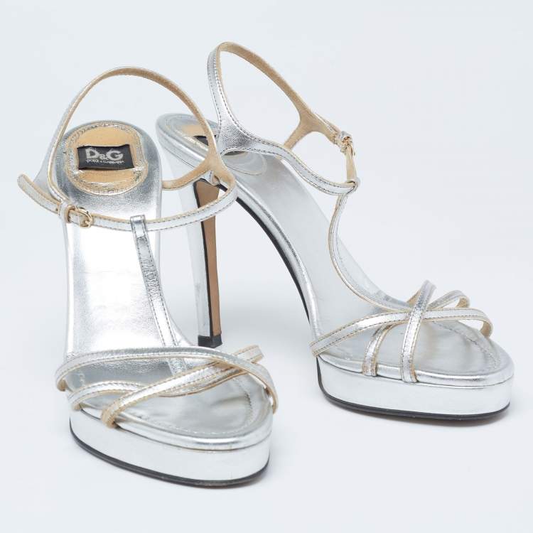 Pre Owned Dolce & Gabbana Metallic Silver Leather Strappy Slingback Sandals Size 37.5
