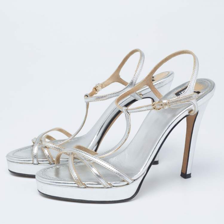 Pre Owned Dolce & Gabbana Metallic Silver Leather Strappy Slingback Sandals Size 37.5