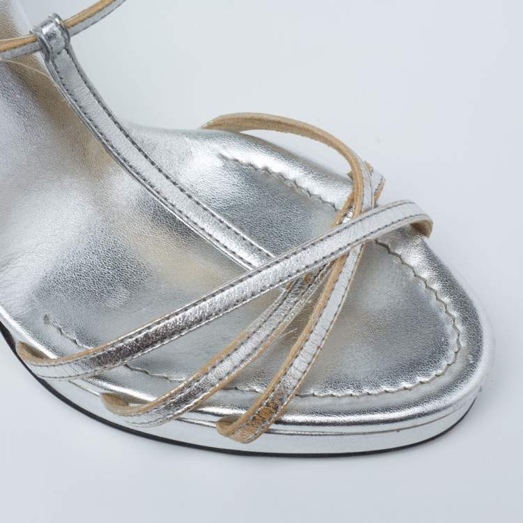 Pre Owned Dolce & Gabbana Metallic Silver Leather Strappy Slingback Sandals Size 37.5