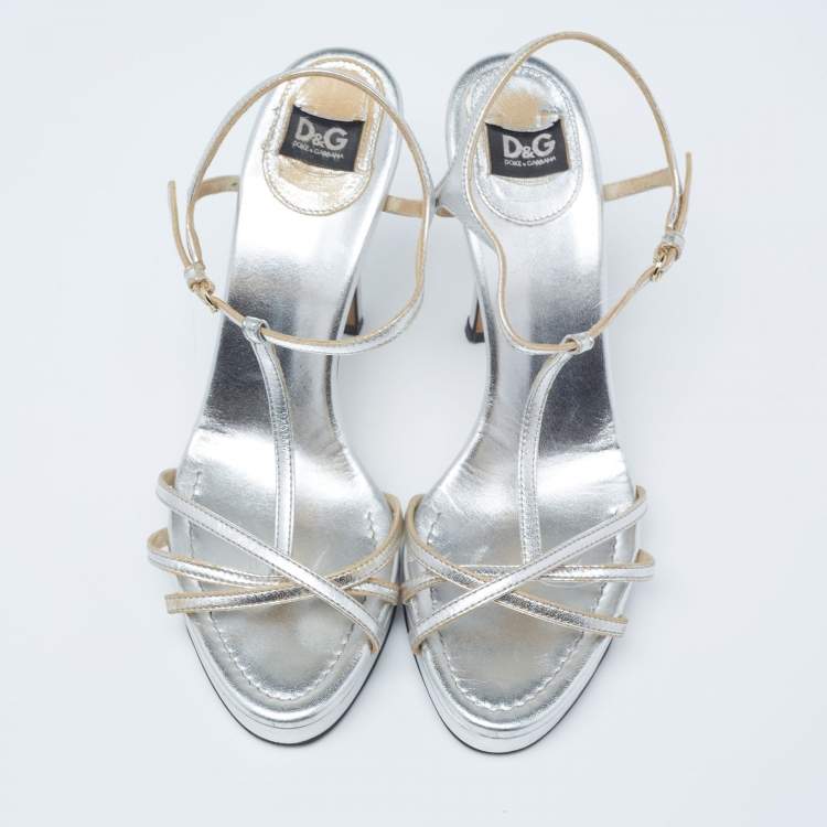 Pre Owned Dolce & Gabbana Metallic Silver Leather Strappy Slingback Sandals Size 37.5