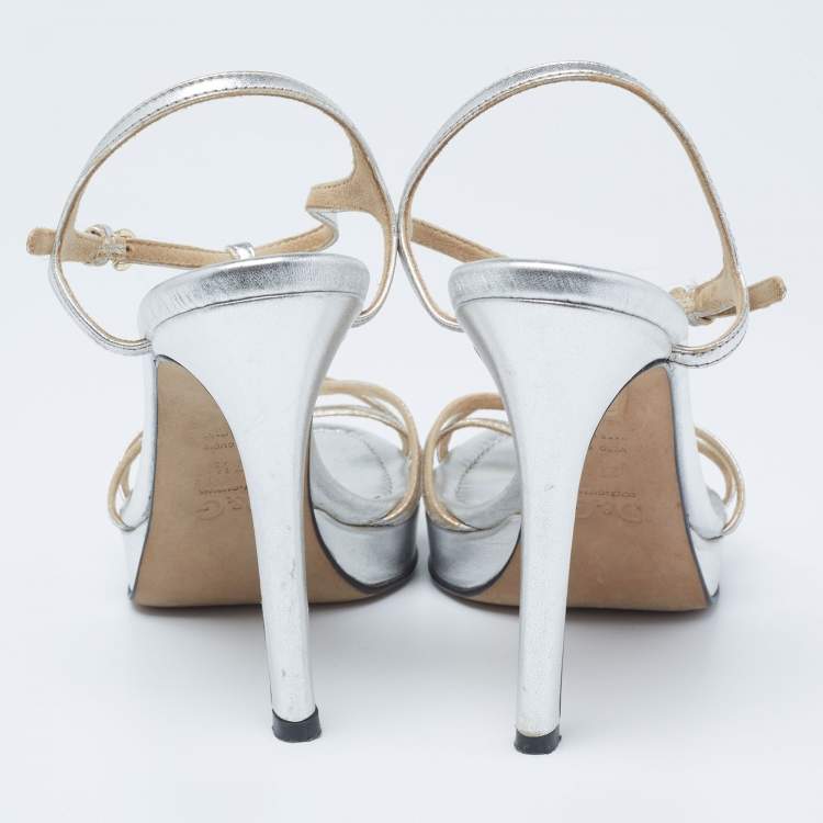 Pre Owned Dolce & Gabbana Metallic Silver Leather Strappy Slingback Sandals Size 37.5