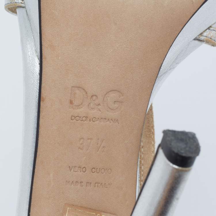 Pre Owned Dolce & Gabbana Metallic Silver Leather Strappy Slingback Sandals Size 37.5