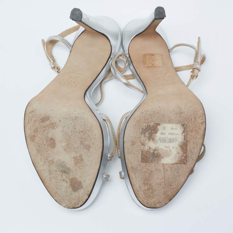 Pre Owned Dolce & Gabbana Metallic Silver Leather Strappy Slingback Sandals Size 37.5