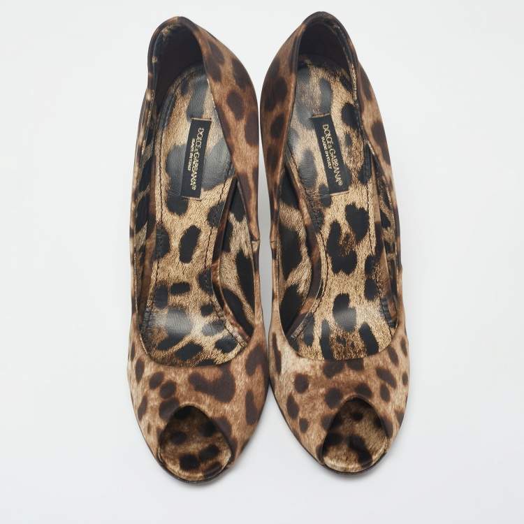 Pre Owned Dolce & Gabbana Brown Leopard Print Satin Peep Toe Pump Size 37