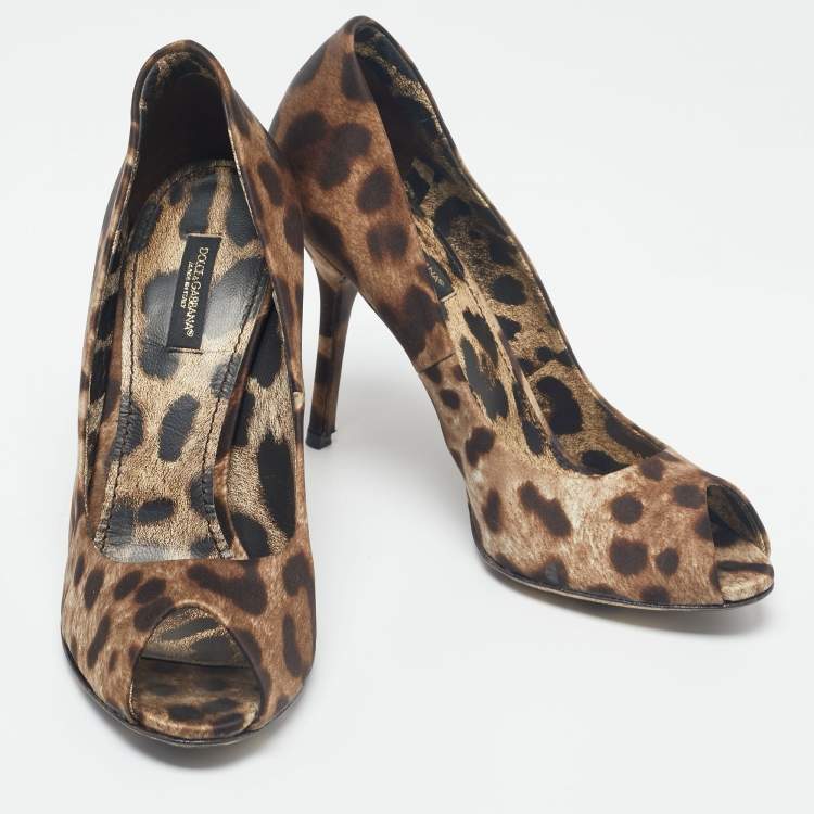 Pre Owned Dolce & Gabbana Brown Leopard Print Satin Peep Toe Pump Size 37