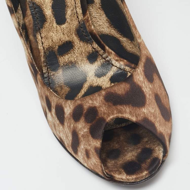 Pre Owned Dolce & Gabbana Brown Leopard Print Satin Peep Toe Pump Size 37