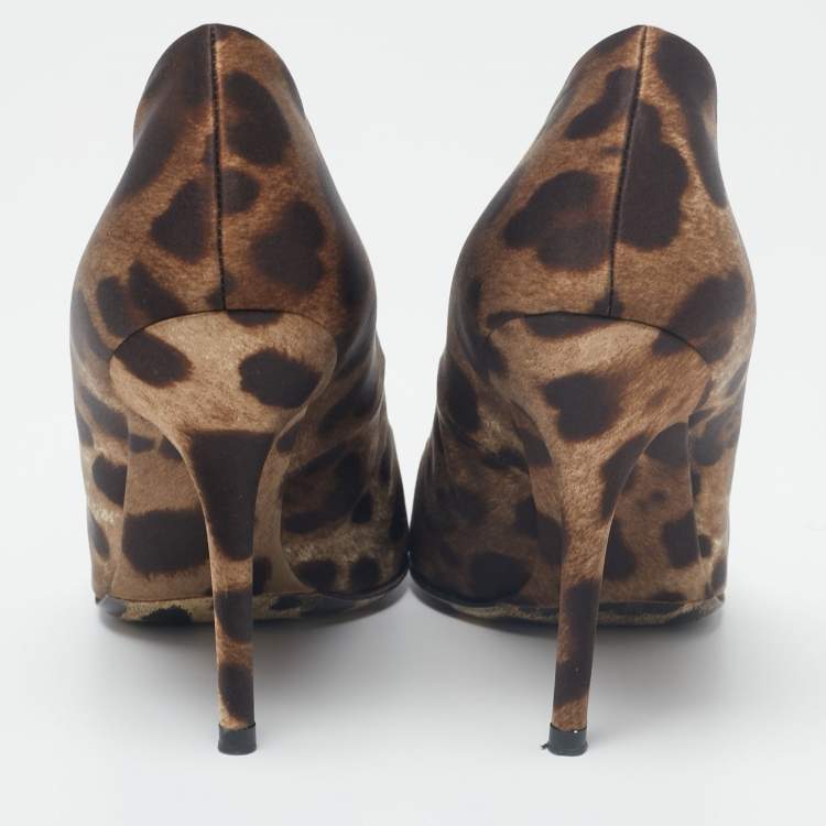 Pre Owned Dolce & Gabbana Brown Leopard Print Satin Peep Toe Pump Size 37
