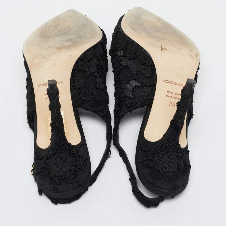 Pre Owned Dolce & Gabbana Black Lace Crystal Embellished Slingback Sandals Size 39