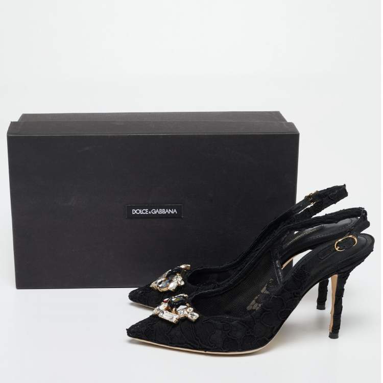Pre Owned Dolce & Gabbana Black Lace Crystal Embellished Slingback Sandals Size 39
