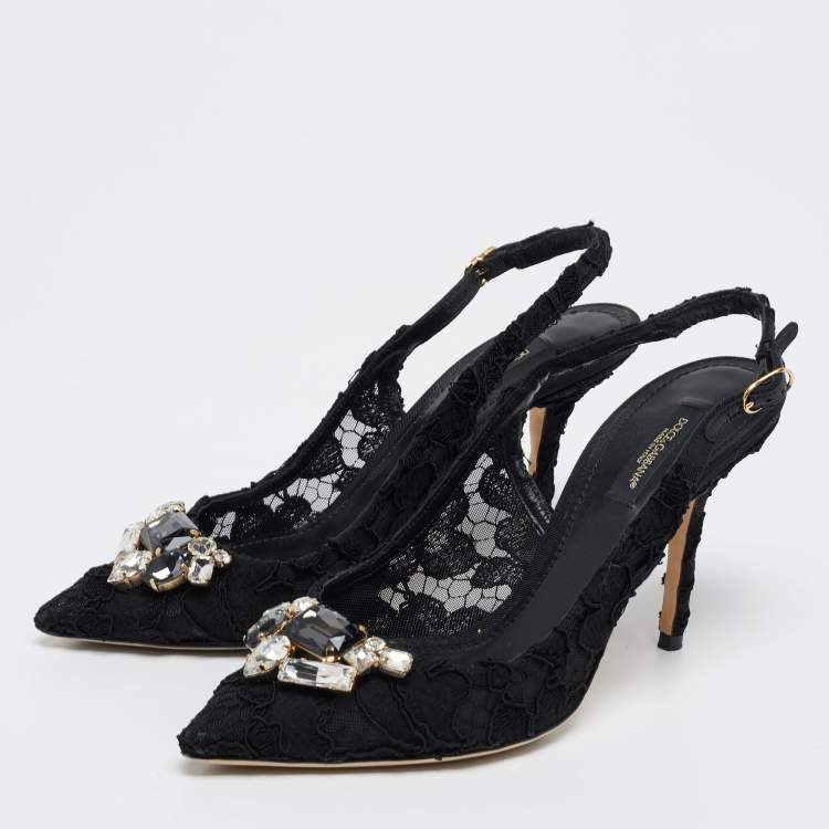 Pre Owned Dolce & Gabbana Black Lace Crystal Embellished Slingback Sandals Size 39
