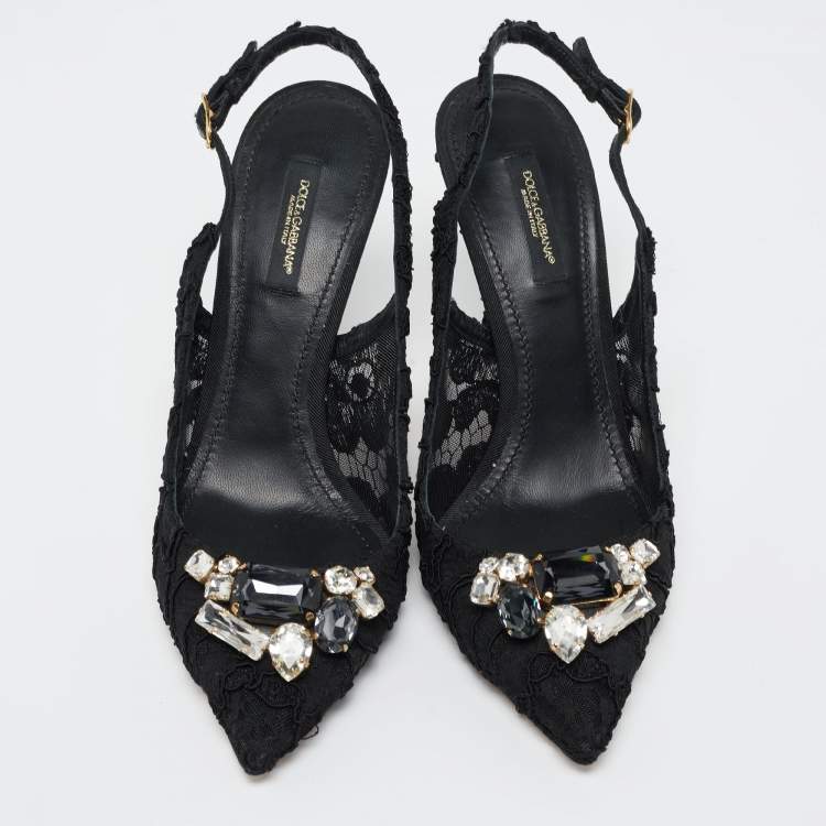 Pre Owned Dolce & Gabbana Black Lace Crystal Embellished Slingback Sandals Size 39