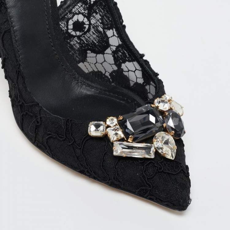 Pre Owned Dolce & Gabbana Black Lace Crystal Embellished Slingback Sandals Size 39
