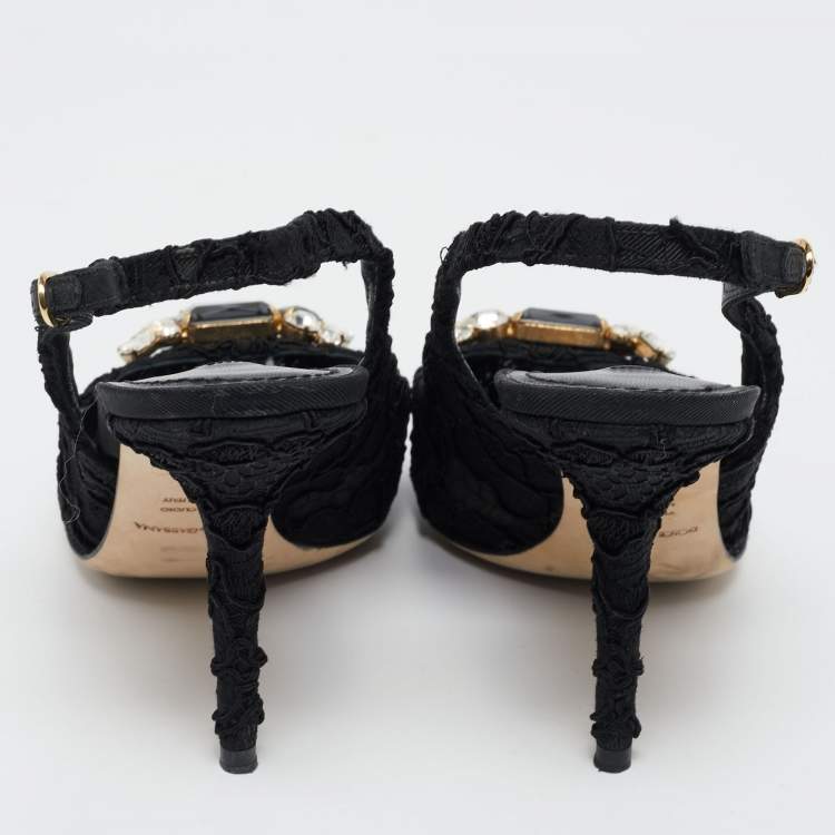 Pre Owned Dolce & Gabbana Black Lace Crystal Embellished Slingback Sandals Size 39