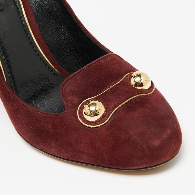 مملوكة مسبقًا Dolce & Gabbana Burgundy Suede Logo Studded Block Heel Pumps Size 39.5