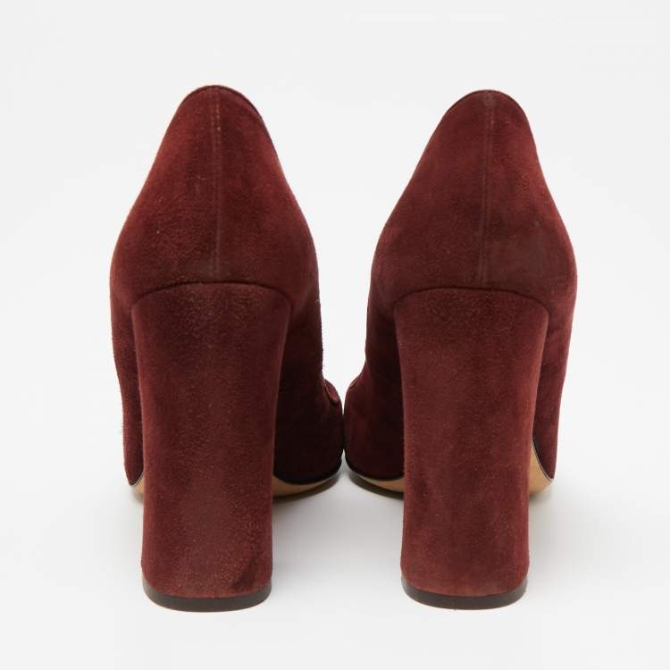 مملوكة مسبقًا Dolce & Gabbana Burgundy Suede Logo Studded Block Heel Pumps Size 39.5