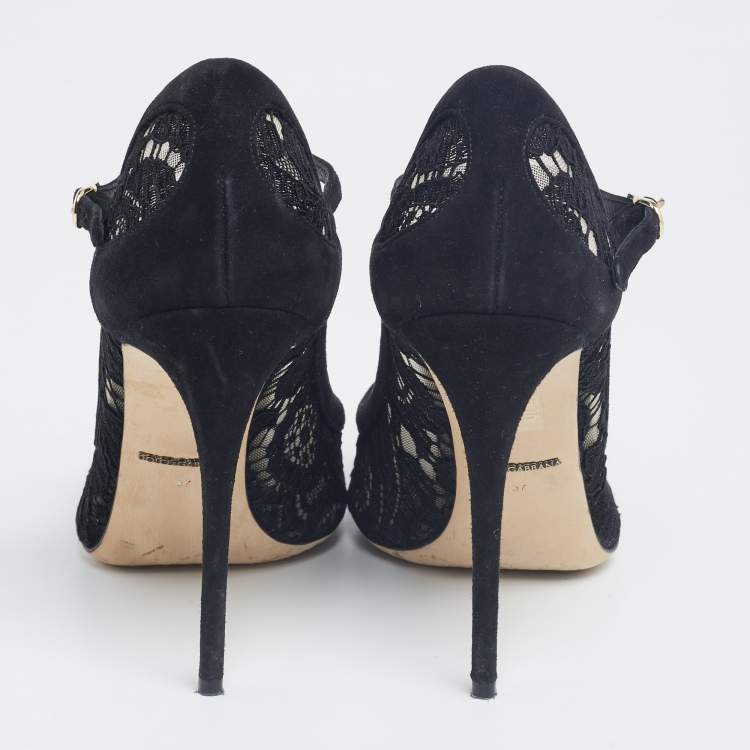 Pre Owned Dolce & Gabbana Black Lace and Suede Corded Taormina Pumps Size 37