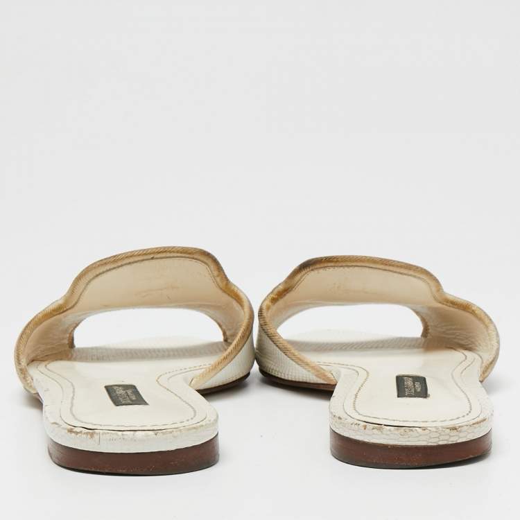Pre Owned Dolce & Gabbana White Lizard Embossed Leather Flat Slides Size 38